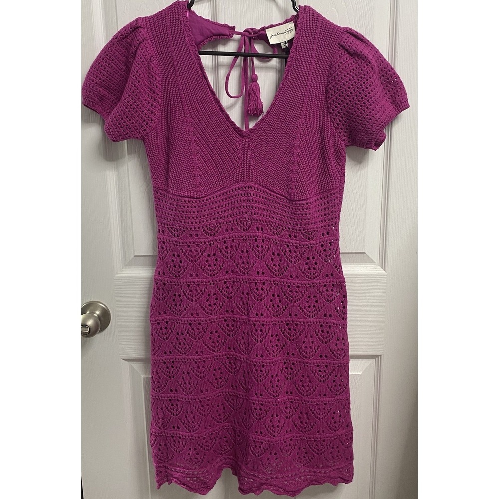 Freshman 1996 Women Pink/Magenta Crocheted Lined V-Neck Puff Sleeve Dress M-NWT